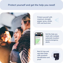 Load image into Gallery viewer, Plegium Smart Pepper Spray 5-in-1 Free GPS Location Emergency Texts Live Tracking - Self Defense Keychain Pepper Spray for Women and Men, Bluetooth, Piercing Siren, LED Strobe Light, Rainbow