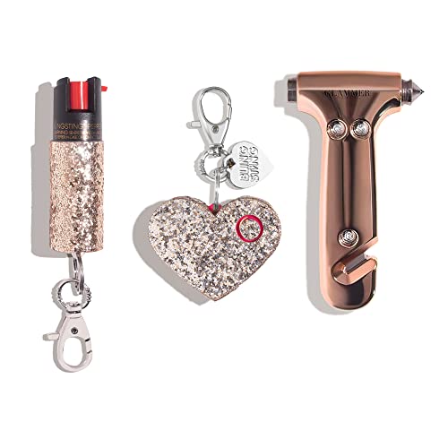 BLINGSTING Safety Kit - Includes Emergency Auto Escape Seat Belt Cutter & Window Break Tool, Personal Security Alarm, and Self Defense Pepper Spray - Rose Gold